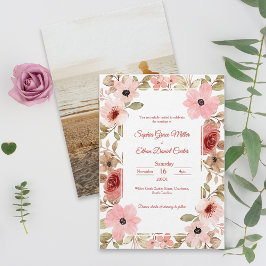 Blush Floral Elegant Photo Wedding Invitation Kaart