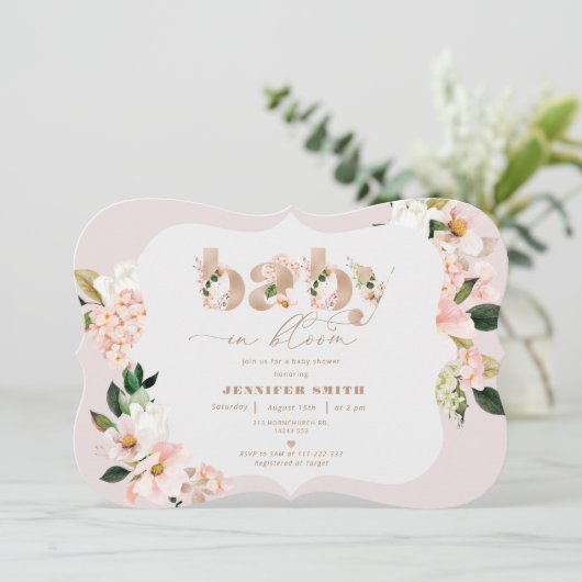 Blush floral elegante baby in bloei baby shower kaart (Staand voorkant)
