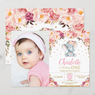 Blush Floral Elephant 1e verjaardag Gold Photo Kaart