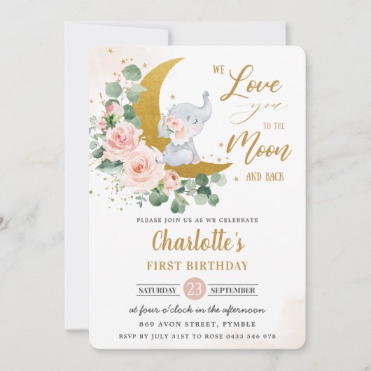 Blush Floral Elephant 1st Birthday Crescent Moon   Kaart (Voorkant)