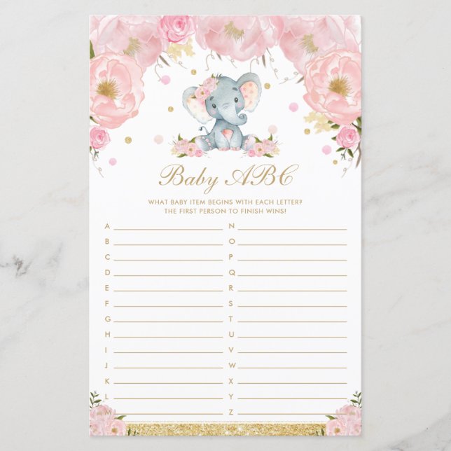 Blush Floral Elephant Baby ABC Baby shower Game (Voorkant)