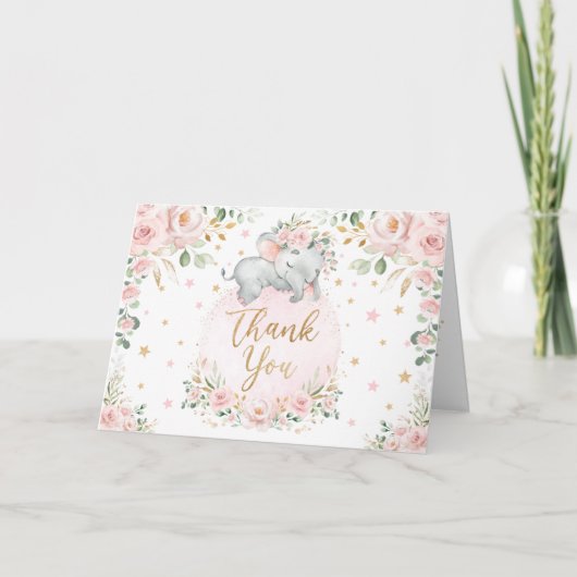  blush Floral Elephant Baby shower Dank u Kaart (Voorkant)