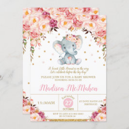 Blush Floral Elephant Baby shower Girl Kaart