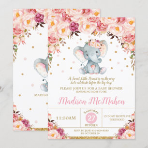 Blush Floral Elephant Baby shower Girl Kaart
