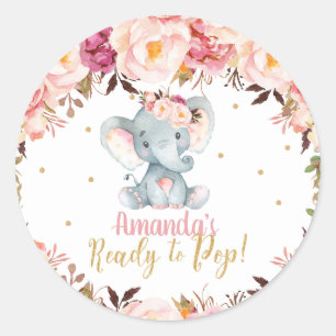 Blush Floral Elephant Baby shower Klaar voor Pop Ronde Sticker
