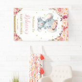 Blush Floral Elephant Baby shower Party Achtergron Spandoek (Insitu)