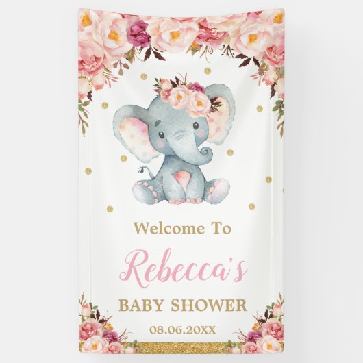 Blush Floral Elephant Baby shower Party Achtergron Spandoek (Verticaal)