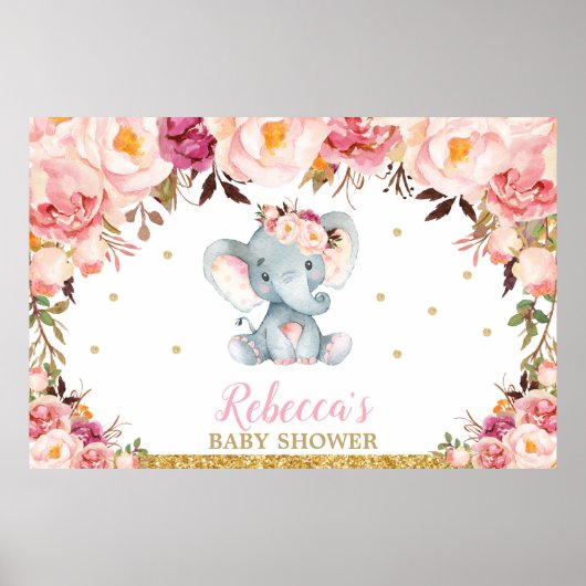 Blush Floral Elephant Baby shower Party Backdrop Poster (Voorkant)