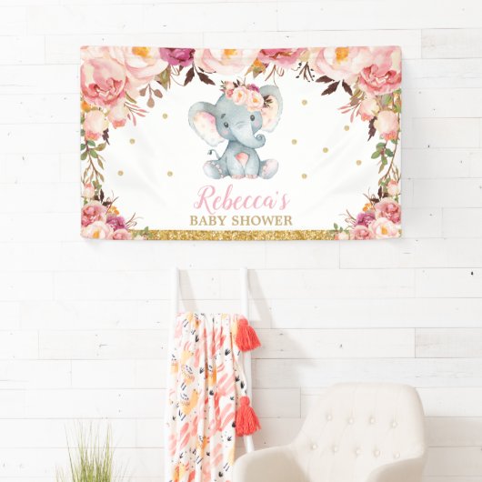 Blush Floral Elephant Baby shower Party Backdrop Spandoek (Insitu)