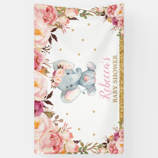 Blush Floral Elephant Baby shower Party Backdrop Spandoek (Verticaal)