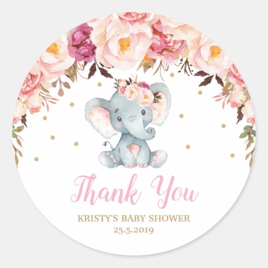 Blush Floral Elephant Baby shower Verjaardagsgunst Ronde Sticker (Voorkant)