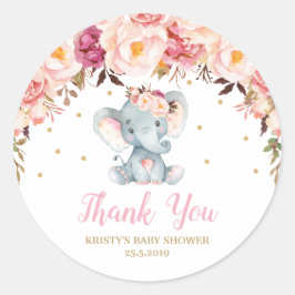 Blush Floral Elephant Baby shower Verjaardagsgunst Ronde Sticker