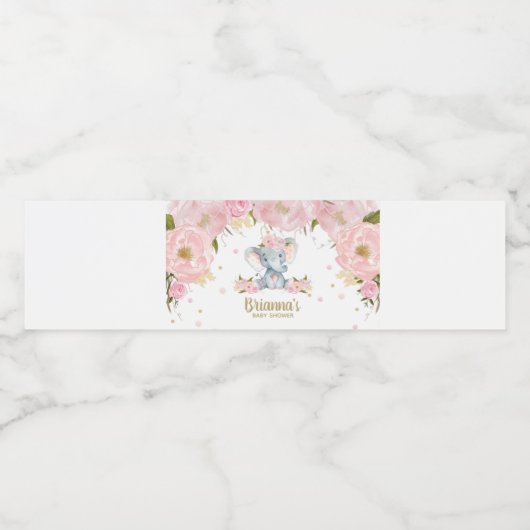 Blush Floral Elephant Baby shower Waterfles Etiket (Enkel label)
