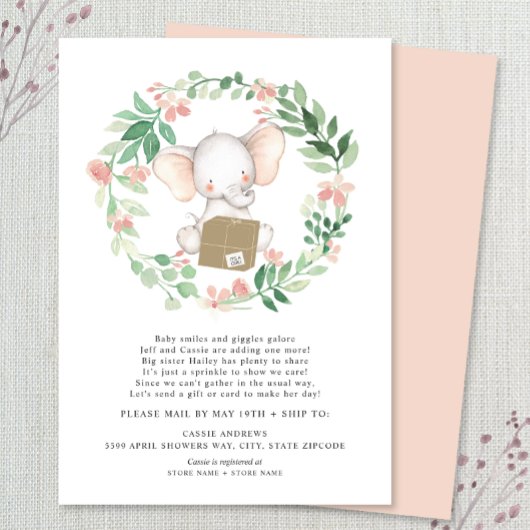 Blush Floral Elephant Baby Sprinkle per post Kaart