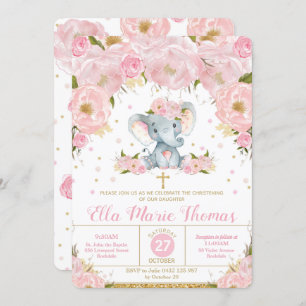 Blush Floral Elephant Baptisme Invitation Girl Kaart