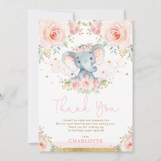 Blush Floral Elephant Birthday Hartelijk dank Kaart (Voorkant)