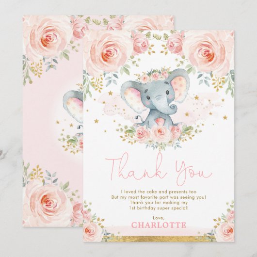 Blush Floral Elephant Birthday Hartelijk dank Kaart (Voorkant / Achterkant)