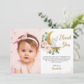 Blush Floral Elephant Crescent Mon Birthday Foto Bedankkaart (Staand voorkant)