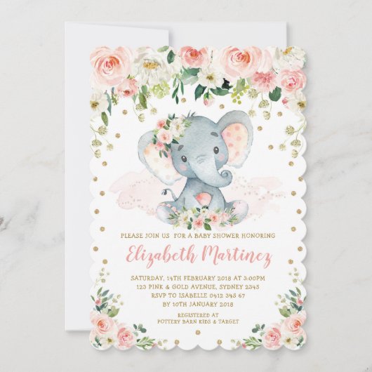  Blush Floral Elephant Girl Baby shower Kaart (Voorkant)