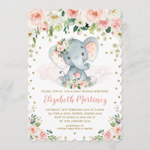  Blush Floral Elephant Girl Baby shower Kaart