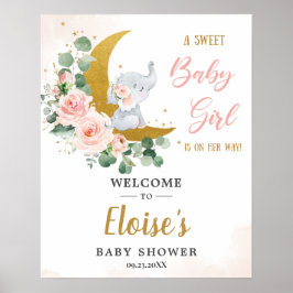 Blush Floral Elephant Girl Baby shower Welkom Poster