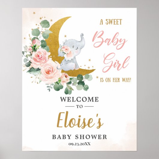 Blush Floral Elephant Girl Baby shower Welkom Poster (Voorkant)