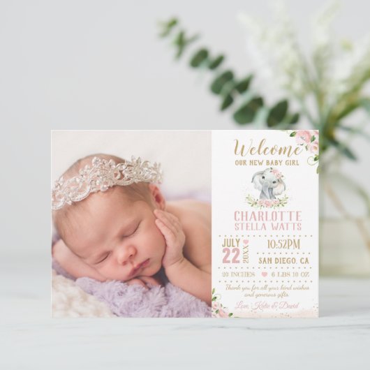 Blush Floral Elephant New Baby Girl Foto geboorted Aankondiging (Staand voorkant)