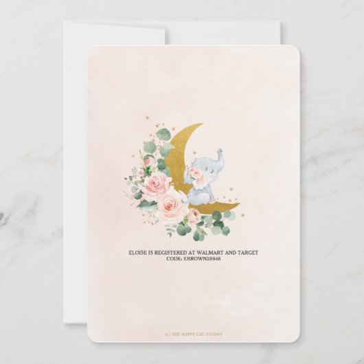 Blush Floral Elephant over het Baby shower van de  Kaart (Achterkant)