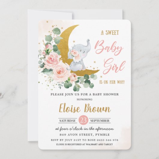 Blush Floral Elephant Sweet Baby Girl Shower   Kaart (Voorkant)