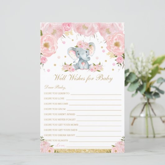 Blush Floral Elephant Well Wwish for Baby shower (Staand voorkant)