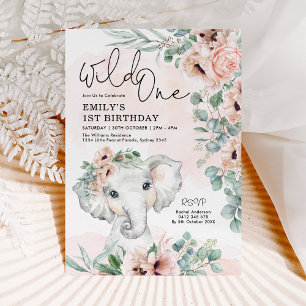 Blush Floral Elephant Wild One 1e Birthday Girl I Kaart
