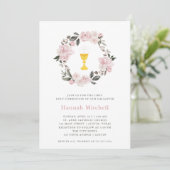 Blush Floral en Chalice | Eerste Heilige Communie Kaart (Staand voorkant)