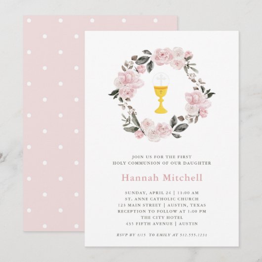 Blush Floral en Chalice | Eerste Heilige Communie Kaart (Voorkant / Achterkant)