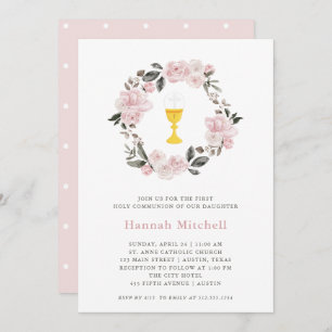 Blush Floral en Chalice   Eerste Heilige Communie Kaart