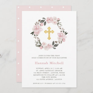 Blush Floral en Gold Cross Eerste Heilige Commun Kaart