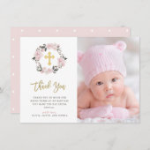  Blush Floral en Gold Cross Photo Baptisme Bedankkaart (Voorkant / Achterkant)