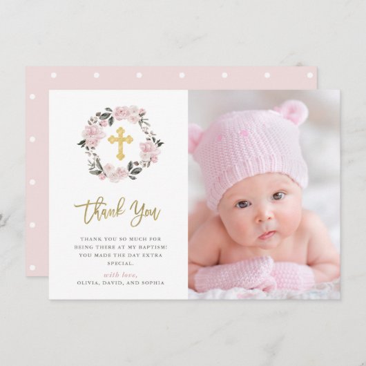  Blush Floral en Gold Cross Photo Baptisme Bedankkaart (Voorkant / Achterkant)