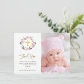  Blush Floral en Gold Cross Photo Baptisme Bedankkaart (Staand voorkant)
