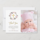 Blush Floral en Gold Cross Photo Baptisme Bedankkaart (Voorkant)
