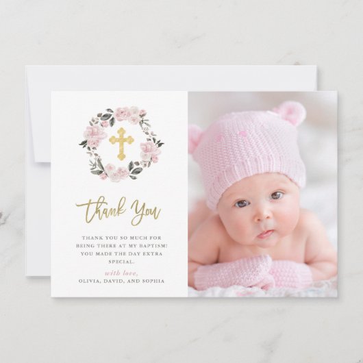  Blush Floral en Gold Cross Photo Baptisme Bedankkaart (Voorkant)
