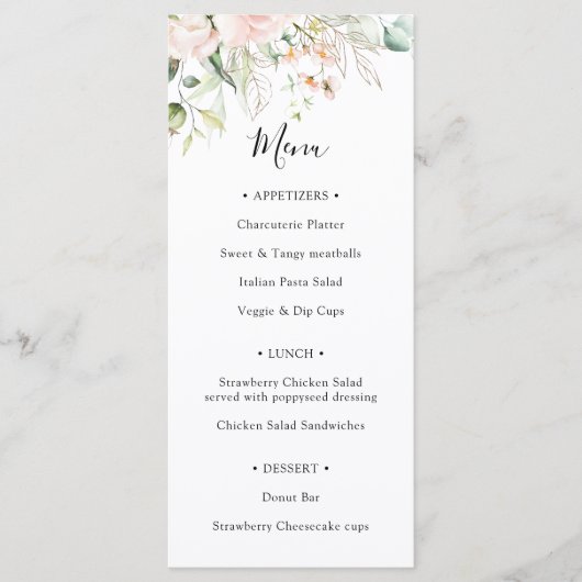 Blush Floral en Greenery Vrijgezellenfeest Menu (Voorkant)