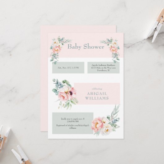 Blush floral eucalyptus Baby shower Kaart (Voorkant / Achterkant in situ)