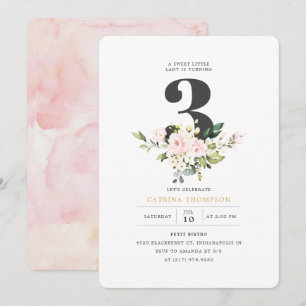 Blush Floral & Eucalyptus Girl 3rd Birthday Party Kaart