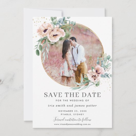 Blush Floral Eucalyptus Photo Save the Date Kaart (Voorkant)