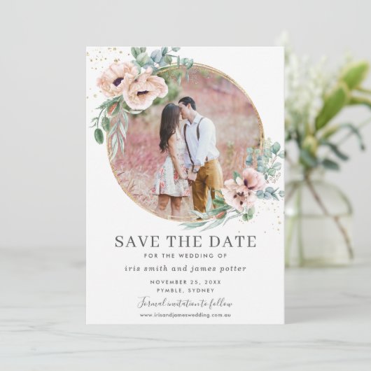 Blush Floral Eucalyptus Photo Save the Date Kaart (Staand voorkant)