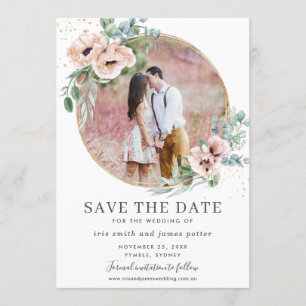 Blush Floral Eucalyptus Photo Save the Date Kaart