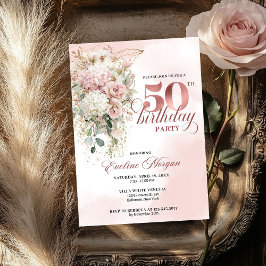 Blush Floral Eucalyptus Rose Gold 50th Birthday  Kaart