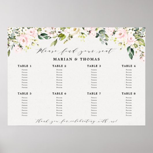 Blush Floral Eucalyptus Seating Chart Weddenschap Poster (Voorkant)