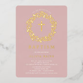 Blush Floral First Baptism Folie Invitation Folie Uitnodiging (Voorkant)