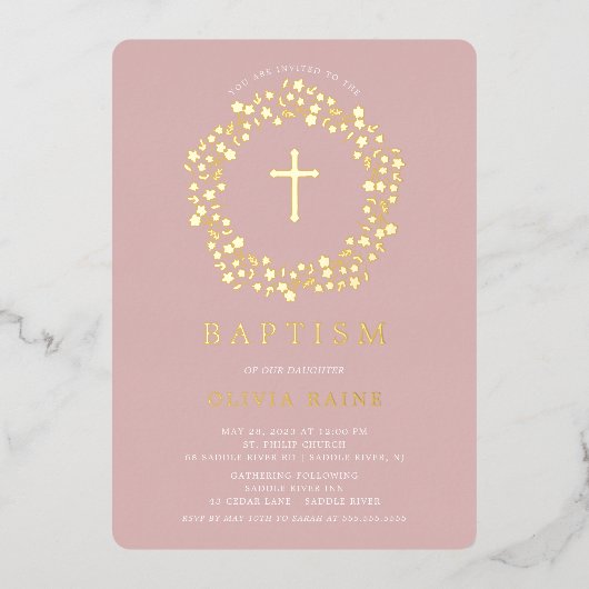 Blush Floral First Baptism Folie Invitation Folie Uitnodiging (Voorkant)